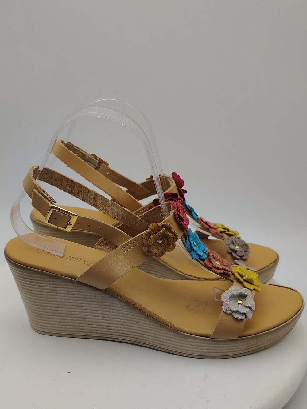 Sophia Milano Made In Italy Wedge Sandals with Floral Leather Accents Size 9.5